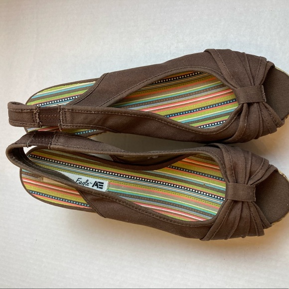 American Eagle Brown Sling Back Cork Wedges with Open Toe Sandals  A196 - Picture 6 of 6
